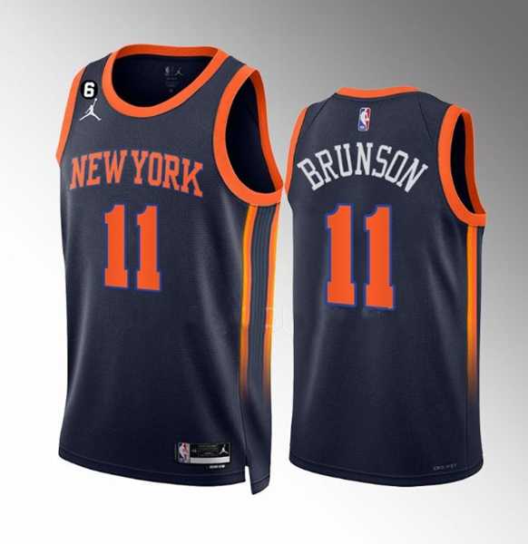 Men's New Yok Knicks #11 Jalen Brunson Navy Statement Edition With NO.6 Patch Stitched Basketball Jersey Dzhi